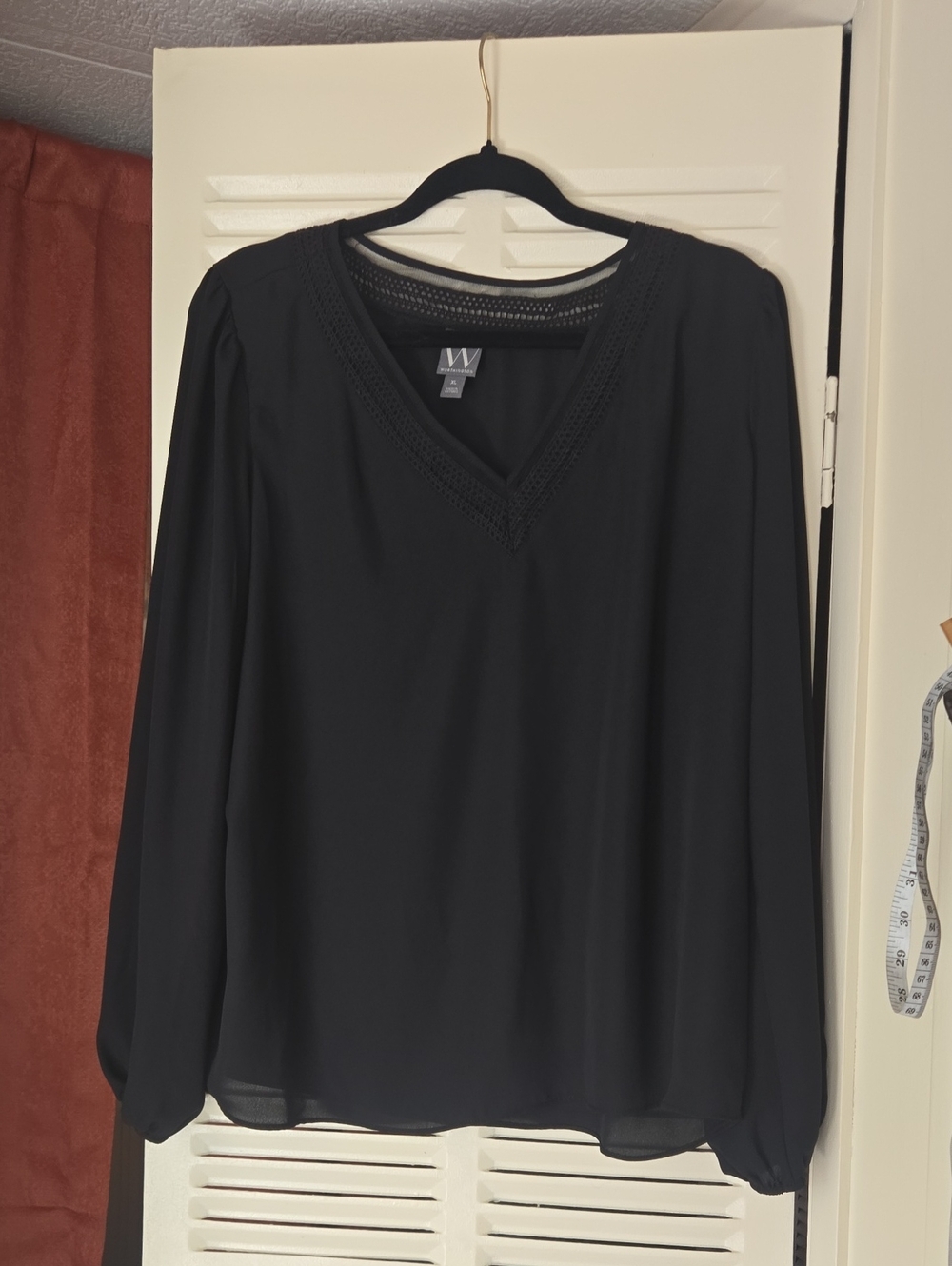 Worthington Black V-Neck Long Sleeve Blouse with Lace Trim